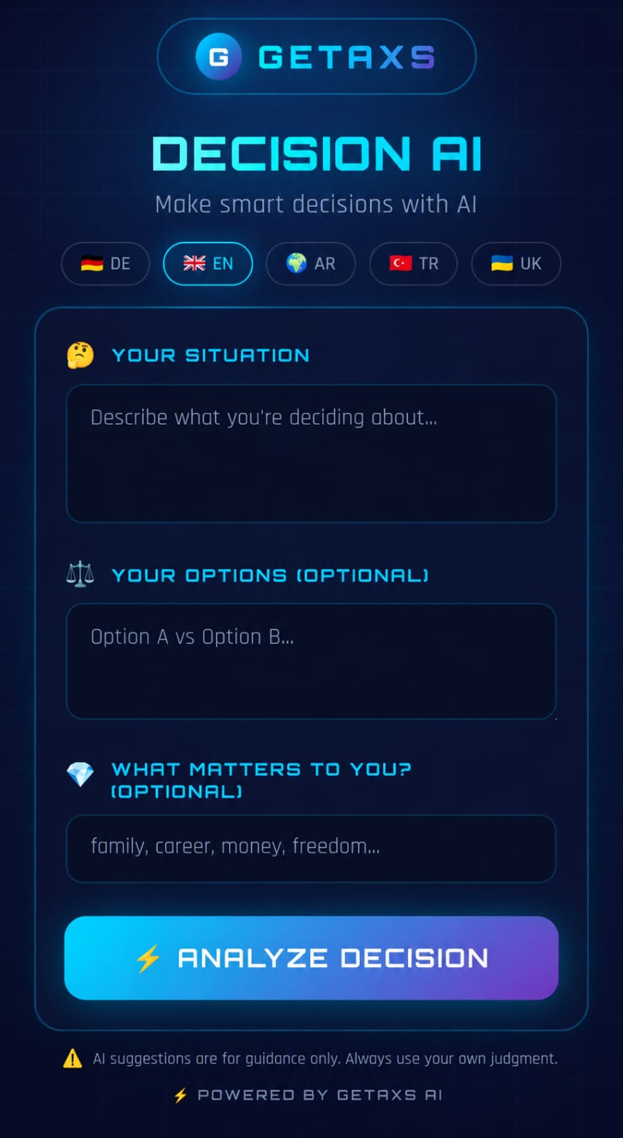 Overview of the Decision AI app interface showing problem analysis steps, option evaluation, and final report with results chart.