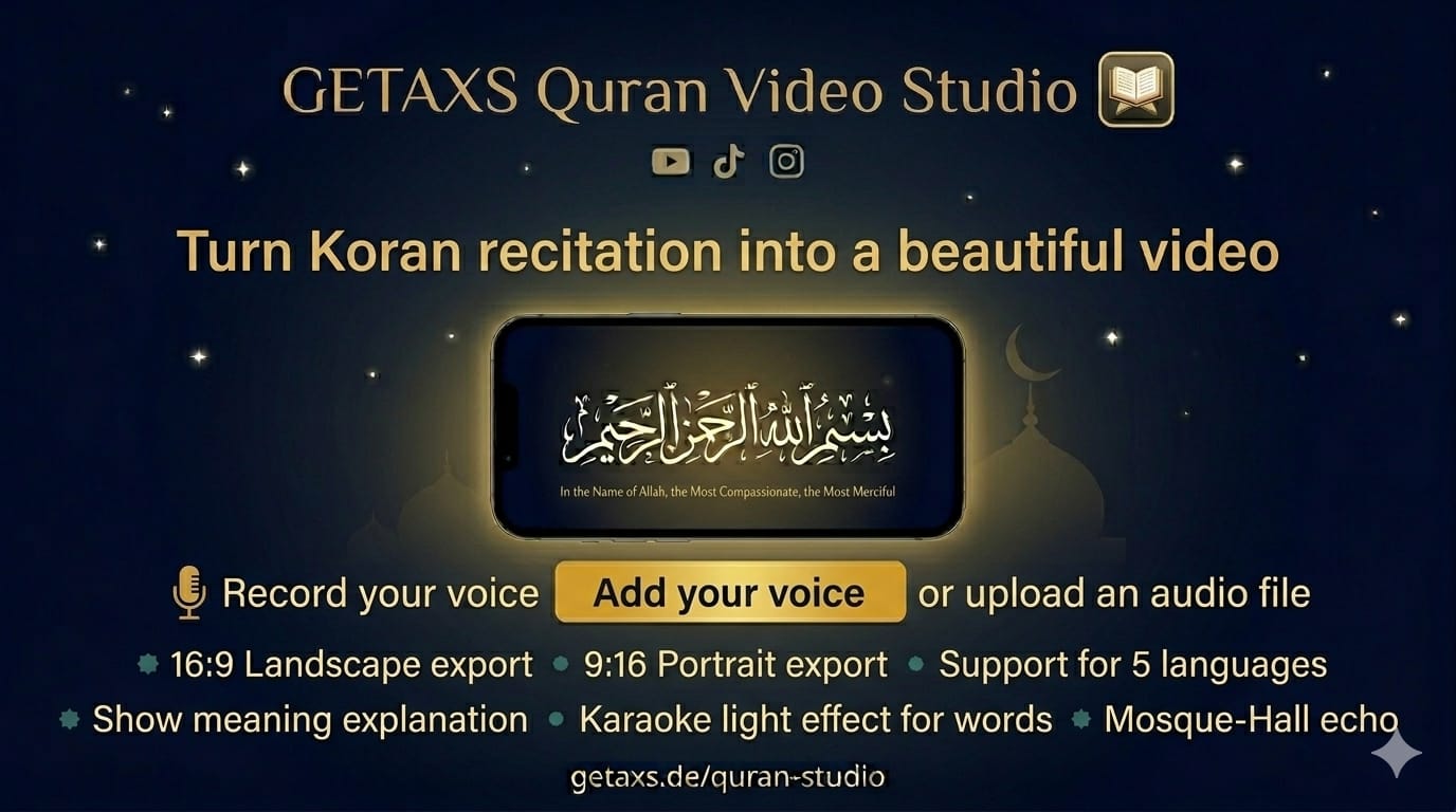 Screenshot of the GETAXS Quran Video Studio app showing configuration options for Quran recitation videos.